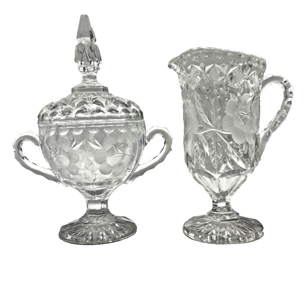 VTG American Brilliant Pressed Glass Footed Creamer & Steeple Lidded Sugar Bowl